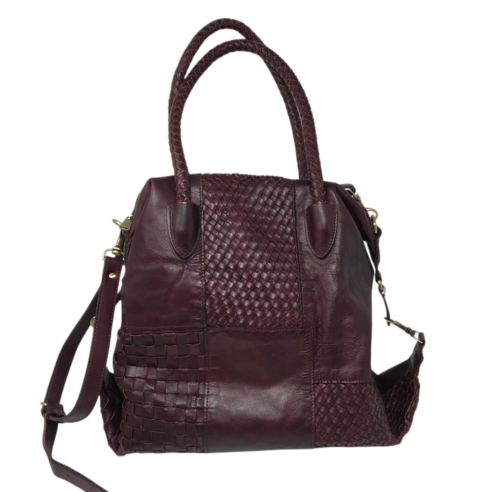Patricia Nash Paloma Burgundy Patchwork Woven Leather Satchel Detachable Strap